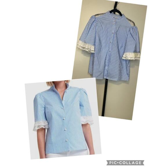 Halston Heritage Tops - Halston Women Blue Striped Stretch Poplin Lace-Trimmed Blouse Top